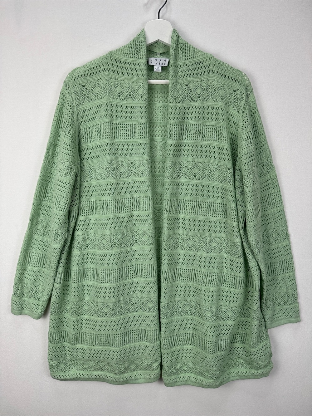 Joan Rivers Mint Green Open Front Crochet  Pointelle Cardigan 1X Cotton Sweater